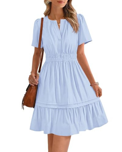 BTFBM Summer Dresses for Women 2026 Casual Boho Sundress Short Sleeve V Neck Ruffle A Line Beach Vacation Mini Dress(Light Blue, Medium) | Amazon (US)