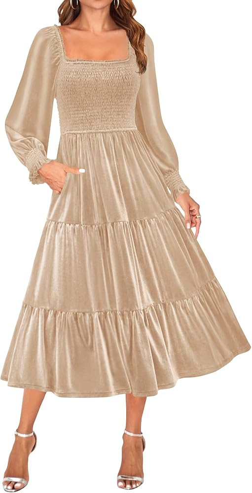 ZESICA Women’s Velvet Long Sleeve Dresses Fall Square Neck Smocked Ruffle A Line Flowy Midi Dre... | Amazon (US)