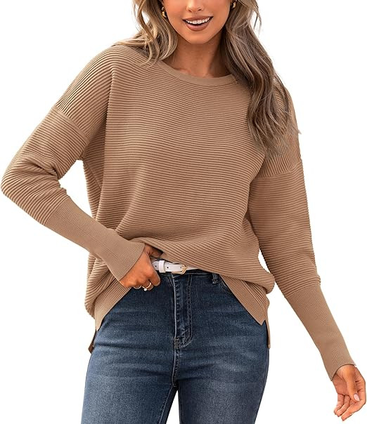 BTFBM Fall Sweaters for Women 2025 Casual Long Sleeve Sweater Striped Loose Fit Pullover Tops | Amazon (US)