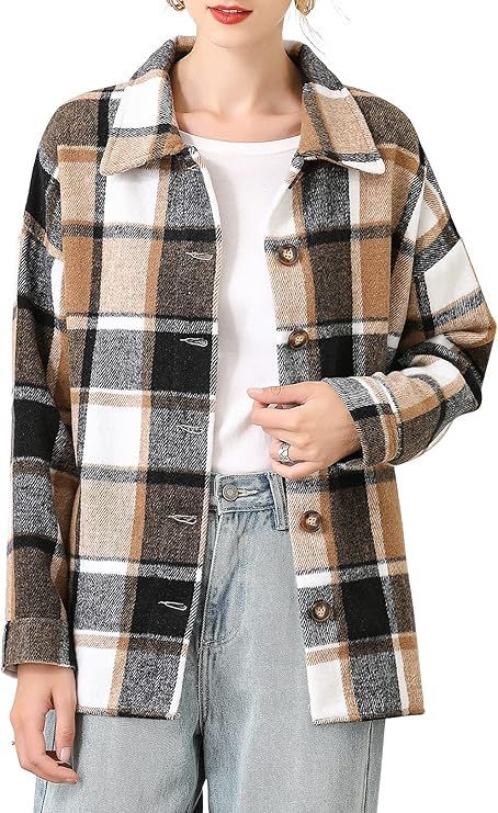 Firehood Women's Boyfriend Wool Blend Plaid Shirt Button Down Loose Plaid Shacket Jacket | Amazon (US)