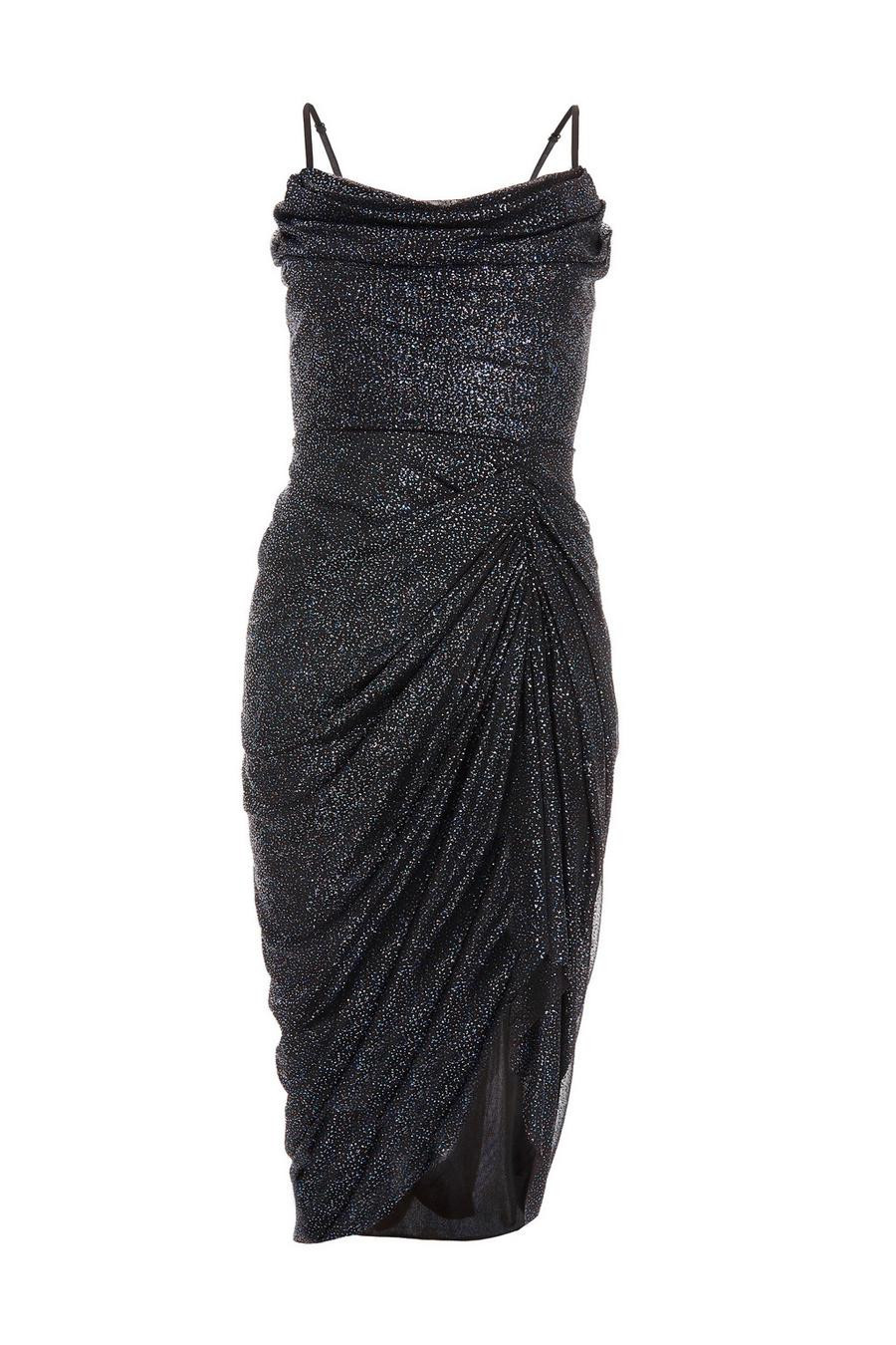 Black Glitter Cowl Neck Ruched Midi Dress | Quiz Clothing (UK)