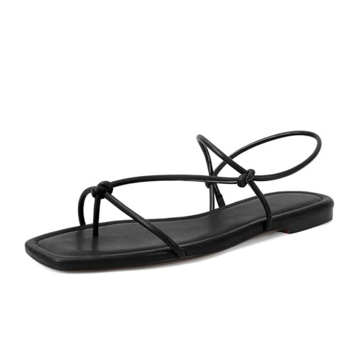 XBKXMK Black Strappy Flat Sandals for Women Comfortable Square Toe Suede Slingback Sandals Dressy Beach Thong Flip Flop Slides Sandals | Amazon (US)