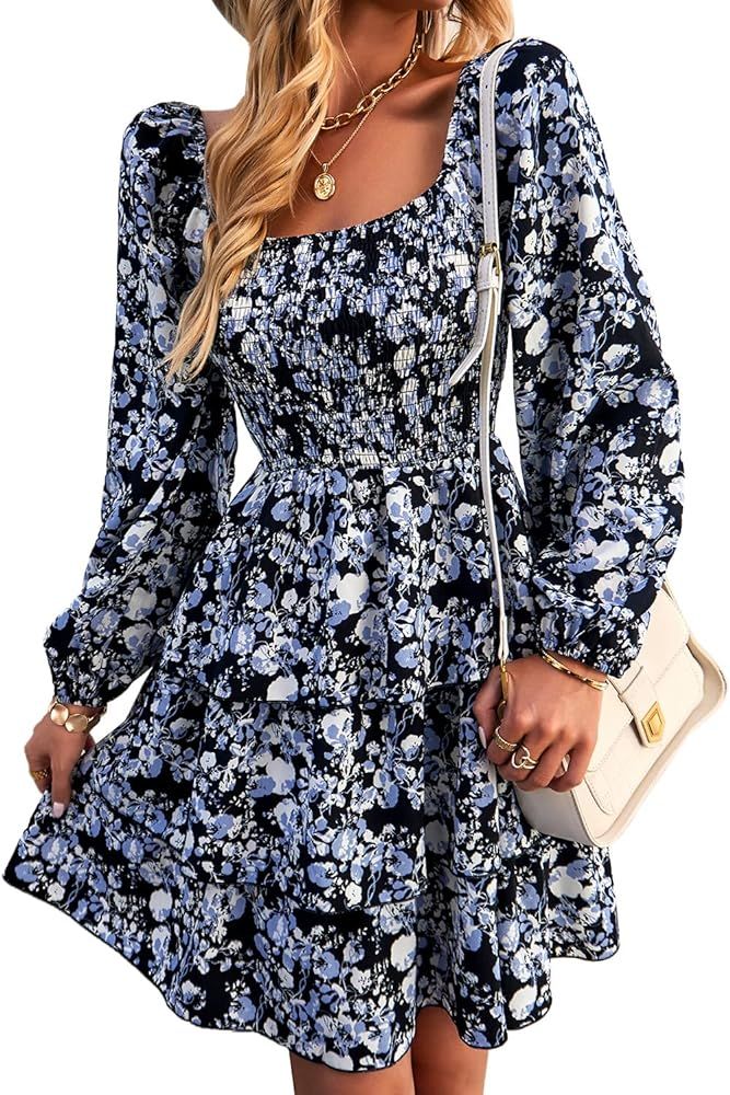 BTFBM Women Square Neck Smocked Dresses 2024 Summer Spring Long Sleeve Floral Swiss Dot Ruffle Pa... | Amazon (US)