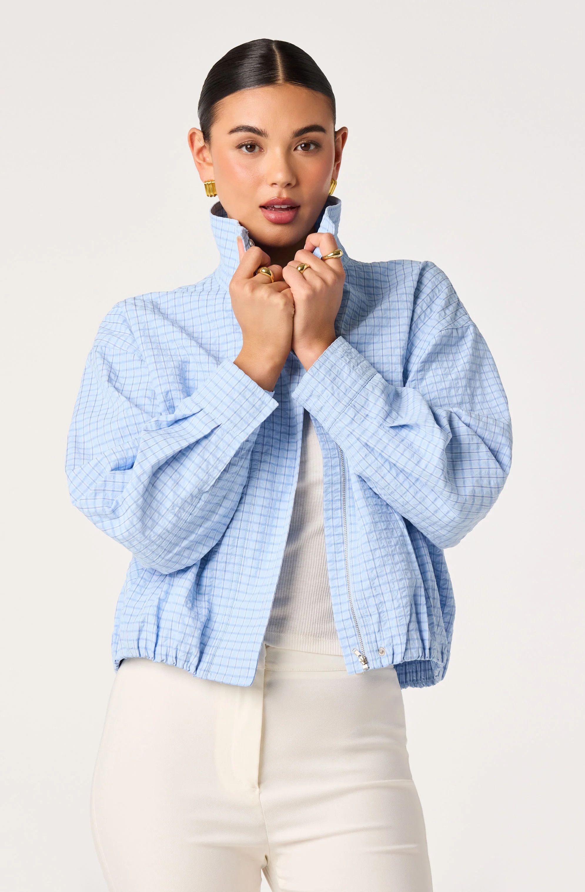 Cooper Funnel Neck Bomber Jacket - Blue plaid / XS | ASTR The Label (US)