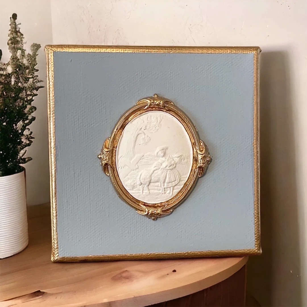 Gold Leaf Trimmed Intaglio 4x4 Canvas Blue Grey - Etsy | Etsy (US)