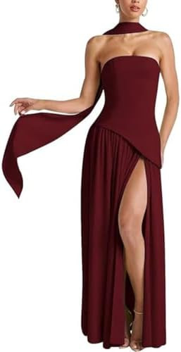 ABINGOO Women Strapless Patchwork Maxi Dress Sexy High Slit Tube Top Party Club with Scarf Long P... | Amazon (US)