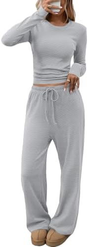 CHYRII Womens Two Piece Sets Fall Fashion Striped Long Sleeve Tops Wide Leg Palazzo Pants Outfits... | Amazon (US)
