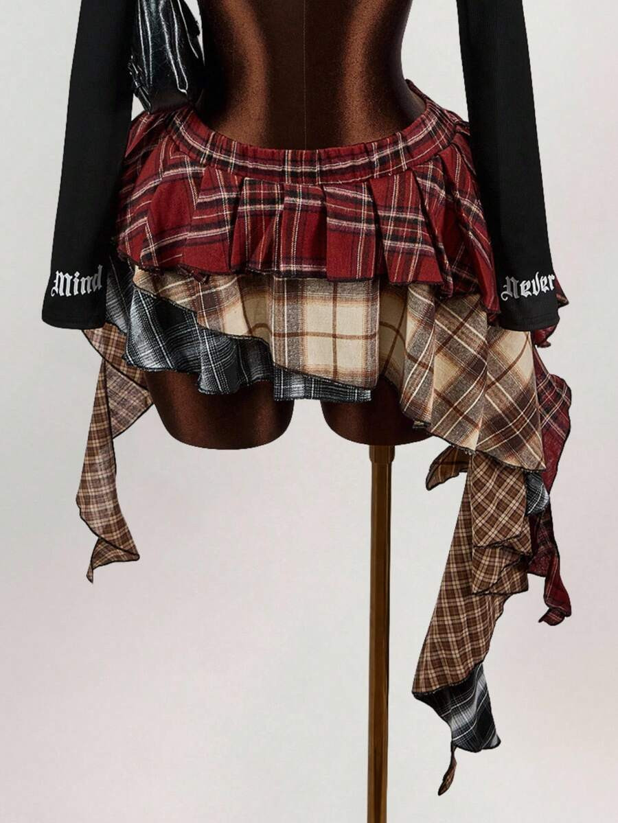 Amplova Asymmetric Ruffled Hem Mixed Plaid Mini Skirt | SHEIN