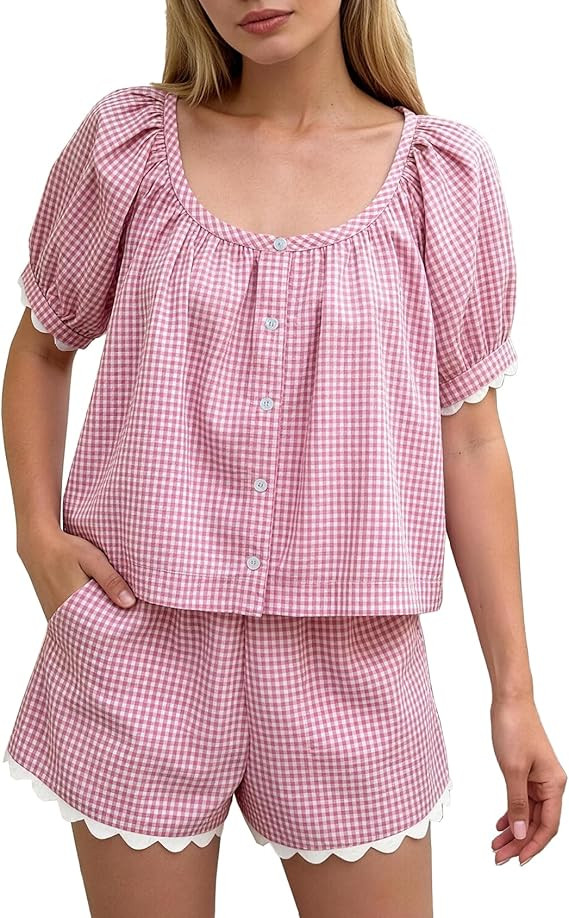 Womens Gingham Two Piece Sets Summer Short Set Outfit Cotton Puff Sleeve Crop Top Plaid Bottom Ma... | Amazon (US)