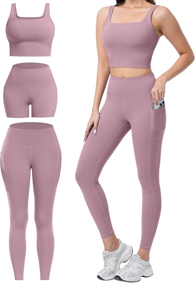 3 Piece Workout Sets for Women High Waisted Leggings with Pockets Tummy Control Biker Shorts Yoga... | Amazon (US)