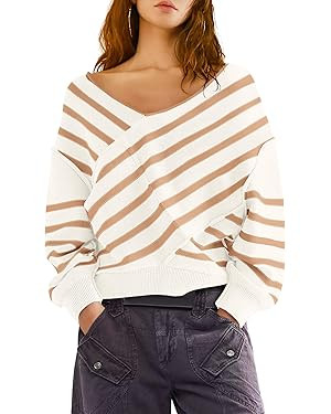 Panadila Womens Striped Off Shoulder Sweater Oversized Long Sleeve V Neck Sweater Tops Knitted Co... | Amazon (US)