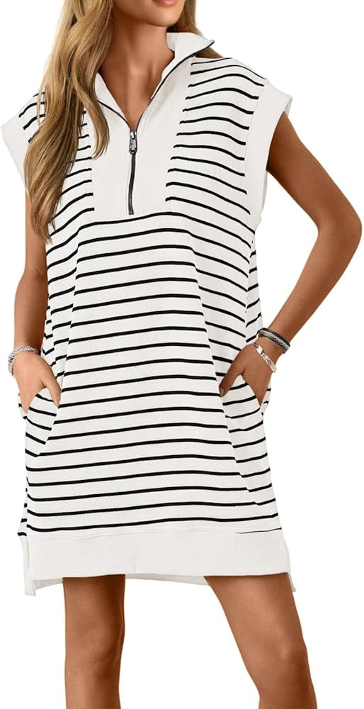 Wenrine Womens Striped Mini Dress Casual Zipper Cap Sleeve Collared V Neck Loose Knit Summer Dres... | Amazon (US)