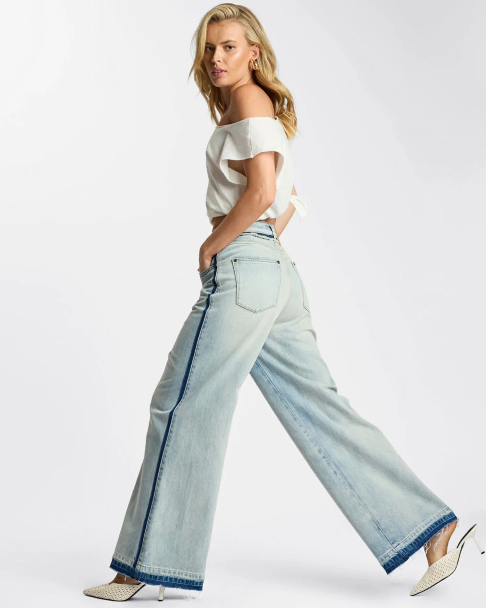 Love Machines Mid Waist Super Wide Leg Denim Jeans - Split Party Contrast Blue | OneTeaspoon