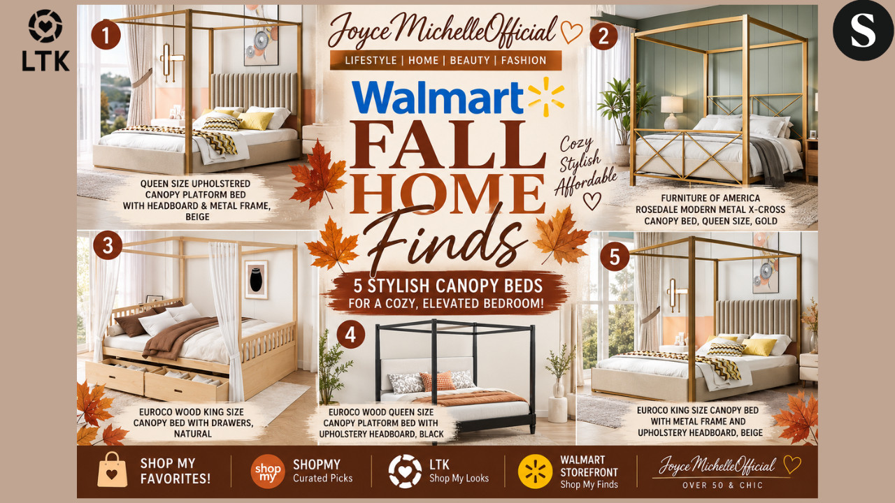 Walmart Canopy Beds That Look EXPENSIVE 🍂 | 5 Fall Bedroom Finds for a Luxe Look

If you’re ready to give your bedroom a warm, elevated look for fall, these Walmart canopy beds are BEAUTIFUL! 🍂🤎 I found five styles ranging from soft upholstered neutrals to rich natural wood, dramatic black, and a gorgeous gold statement bed.
Featured Walmart finds include the Queen Size Upholstered Canopy Platform Bed, Furniture of America Rosedale Gold Canopy Bed, Euroco Natural Wood King Canopy Bed with Drawers, Euroco Black Queen Canopy Bed, and the Euroco Beige Upholstered King Canopy Bed.
These are perfect if you love warm neutrals, modern interiors, cozy fall decorating, and designer-inspired style without the designer price tag.
Save your favorites and check my storefronts for more curated home finds!


🛍️Walmart Storefront:



🛍️ShopMy:
https://shopmy.us/shop/collections/7417042


🛍️LTK: 




#WalmartFinds #WalmartHome #WalmartHomeFinds #FallHomeFinds #CanopyBed #BedroomDecor #FallBedroom #BedroomInspiration #AffordableHomeDecor #LuxuryForLess #CozyHome #NeutralHomeDecor #JoyceMichelleOfficial


Walmart fall home finds, Walmart canopy beds, Walmart bedroom furniture, canopy bed ideas, canopy bed frame, affordable canopy beds, Walmart furniture finds, fall bedroom decor, cozy bedroom ideas, luxury bedroom on a budget, upholstered canopy bed, wood canopy bed, black canopy bed, gold canopy bed, beige canopy bed, modern canopy bed, king canopy bed, queen canopy bed, affordable home decor, Walmart home decor, bedroom makeover, JoyceMichelleOfficial 

 #LTKxWalmart #LTKOver40 #LTKHome
