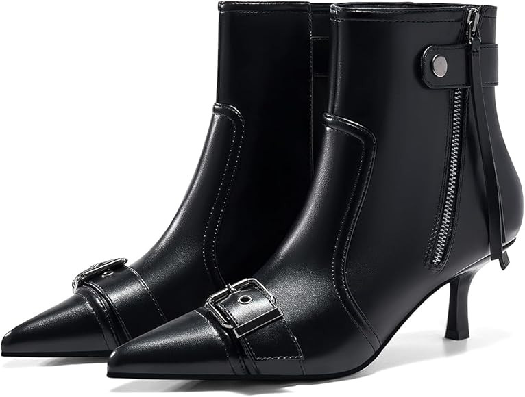Coutgo Womens Kitten Heel Ankle Boots Pointed Toe Buckle Side Zipper Tassel Fall Winter Booties S... | Amazon (US)