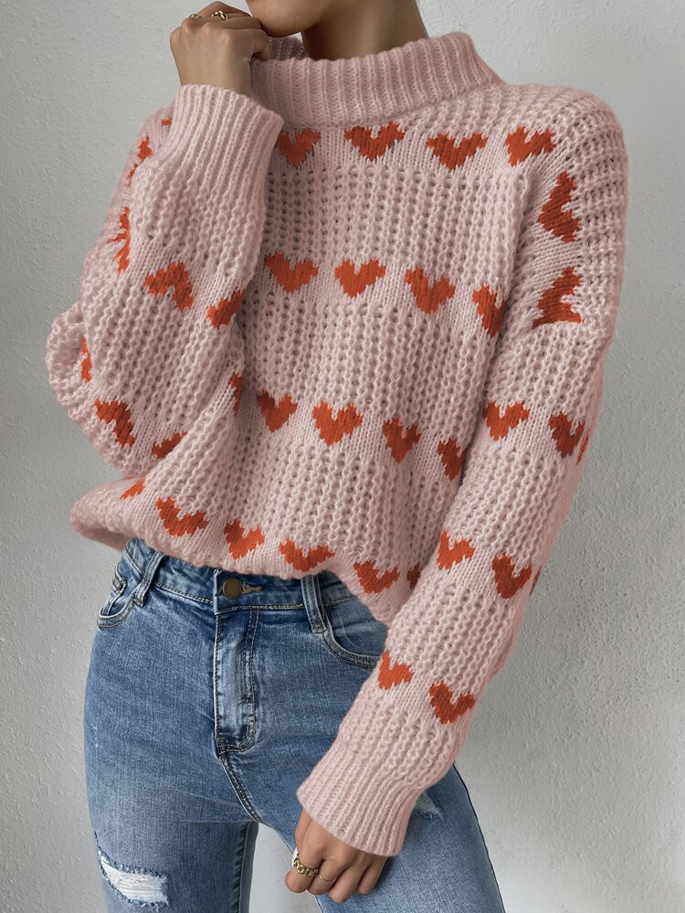 Heart Pattern Drop Shoulder Ribbed Knit Sweater | SHEIN