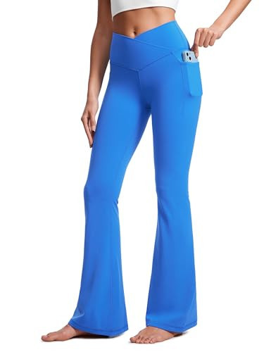 CRZ YOGA Womens Butterluxe Crossover Flare Leggings 31" - High Waist Yoga Pants with Pockets V Cross Bootcut Casual Lounge Sparkle Blue XX-Small | Amazon (US)