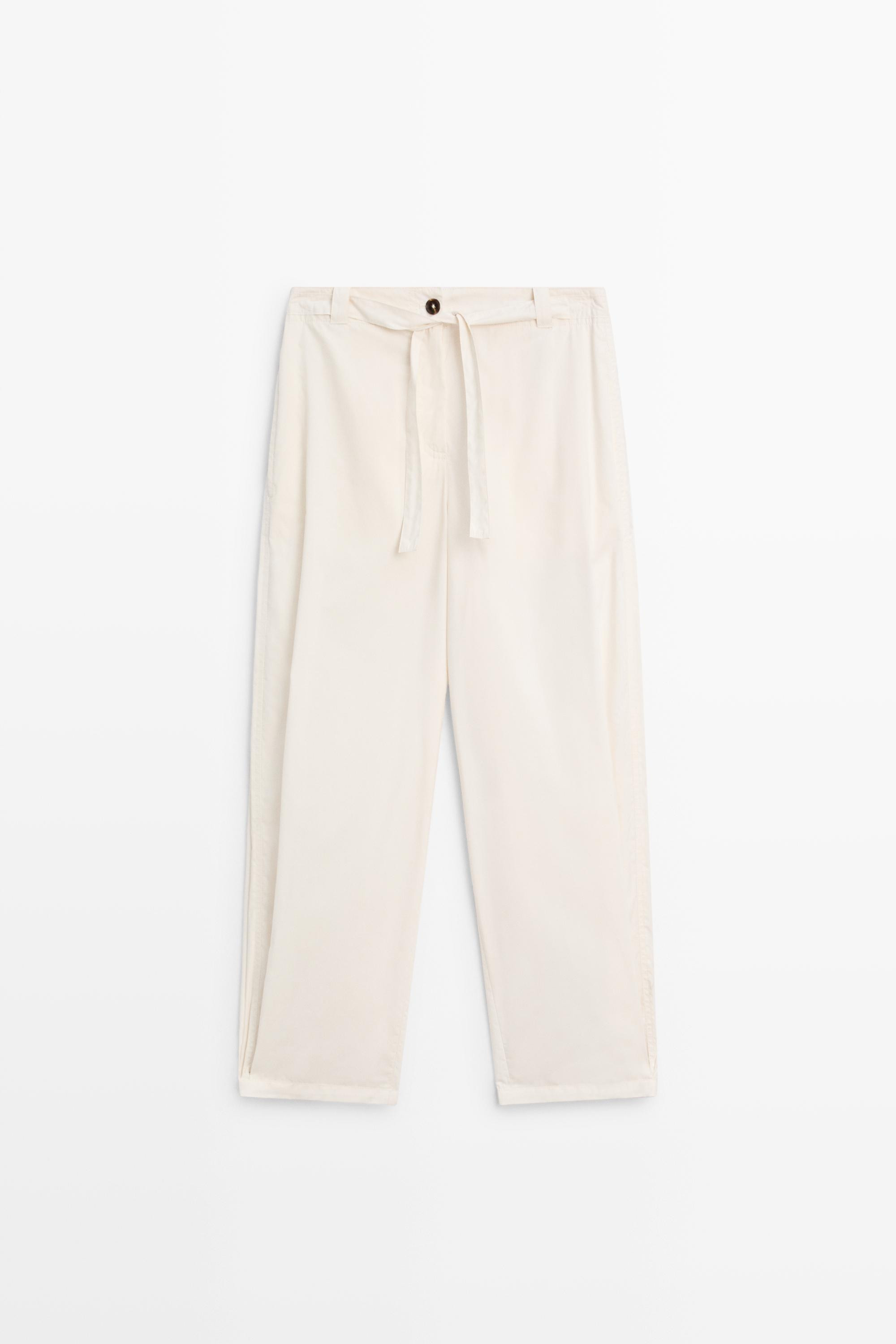 Cotton blend pants with tie detail | Massimo Dutti US