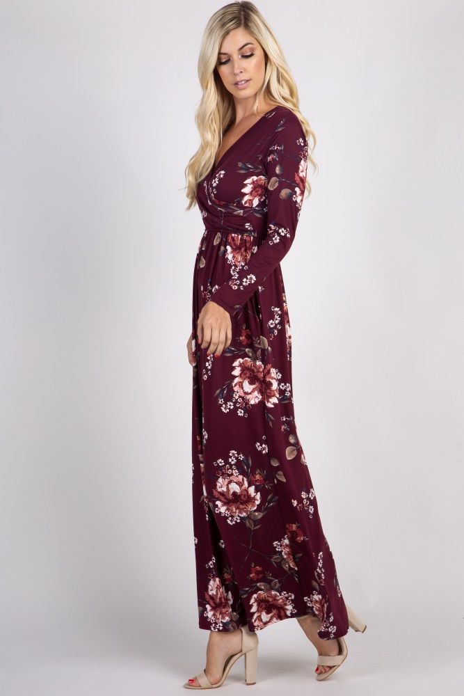 Burgundy Floral Print Wrap Maxi Dress | PinkBlush Maternity