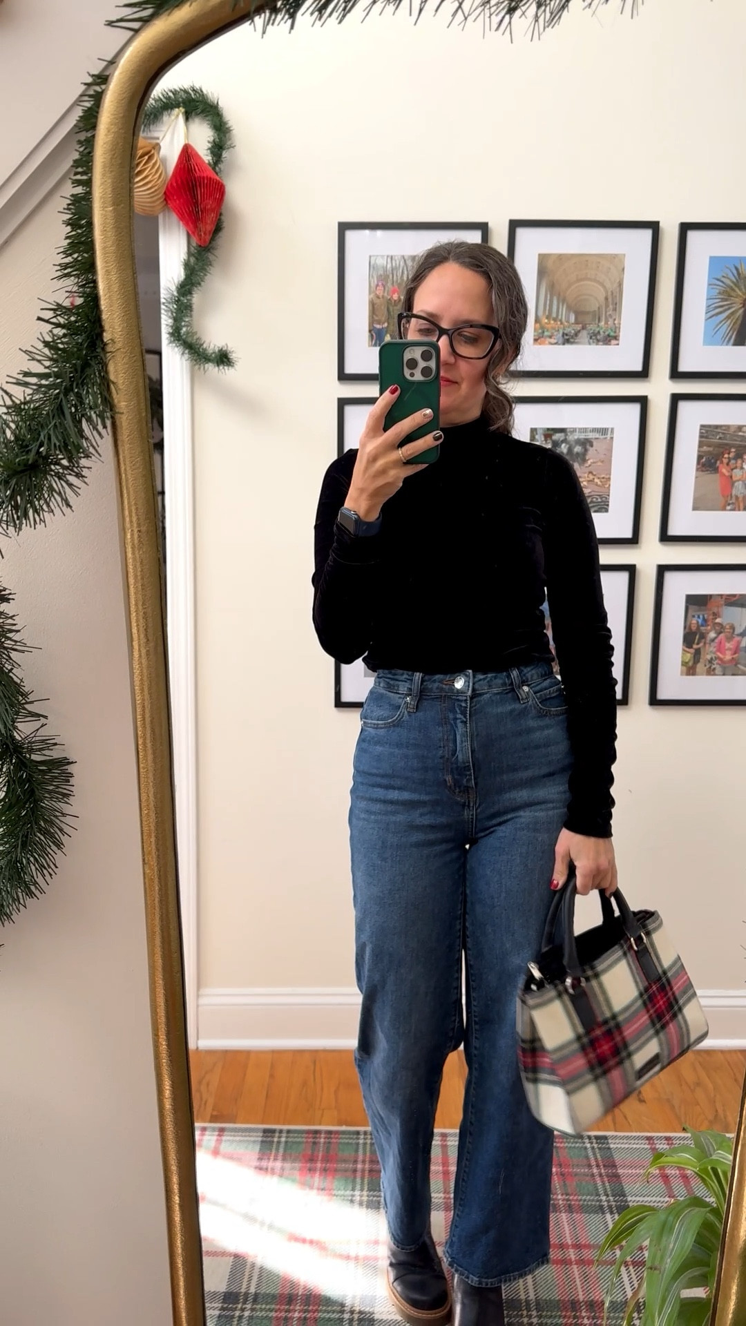 Cute and simple casual holiday outfit. Velvet turtleneck, my fav Frame straight leg jean, Sorel lug sole boots and a plaid hand bag from TJ Maxx. 

#LTKOver40 #LTKSeasonal #LTKHoliday