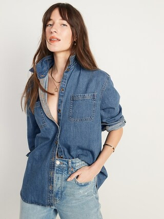 Oversized Boyfriend Utility-Pocket Jean Shirt for Women | Old Navy (CA)