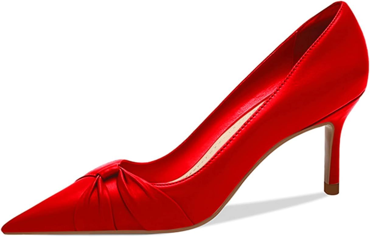 PiePieBuy Womens Pointed Toe Pumps Twist Knot Stiletto Mid Heel Faux Leather Dress Shoes | Amazon (US)