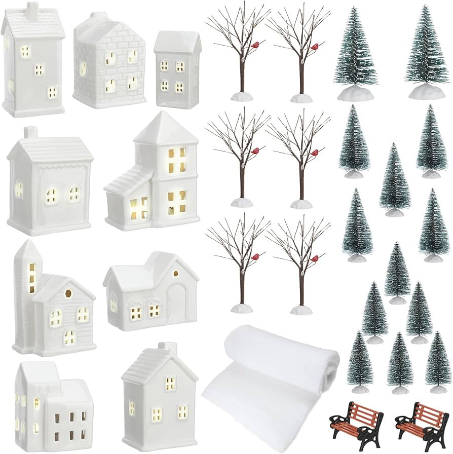 Liliful 31 Pcs Lighted Christmas Village Houses Set Includes 9 LED Village Houses 13 Cedar Pine 1... | Amazon (US)