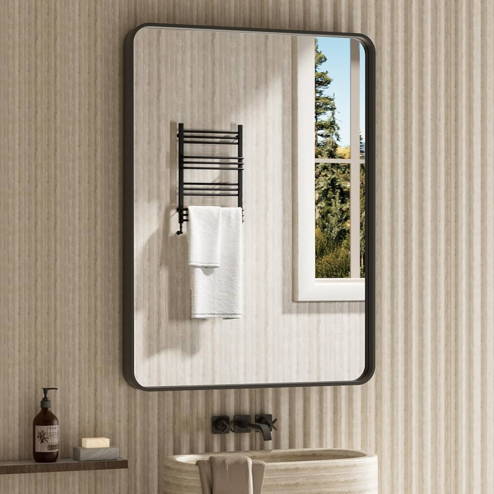 22x30 Inch Black Bathroom Mirror Wall Mounted, Rounded Rectangle Matte Black Framed Mirror, Black... | Amazon (US)