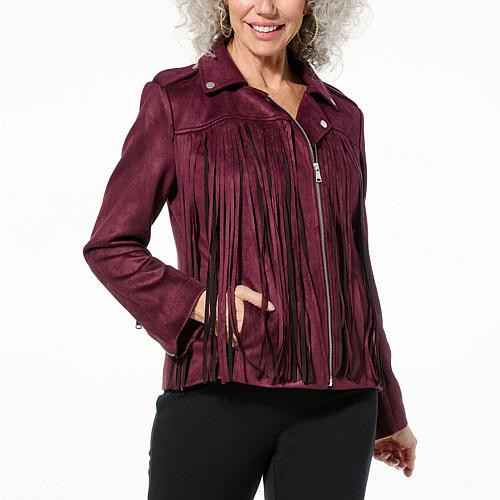 Colleen Lopez Faux Suede Moto Jacket with Fringe - Purple - Size Small | HSN