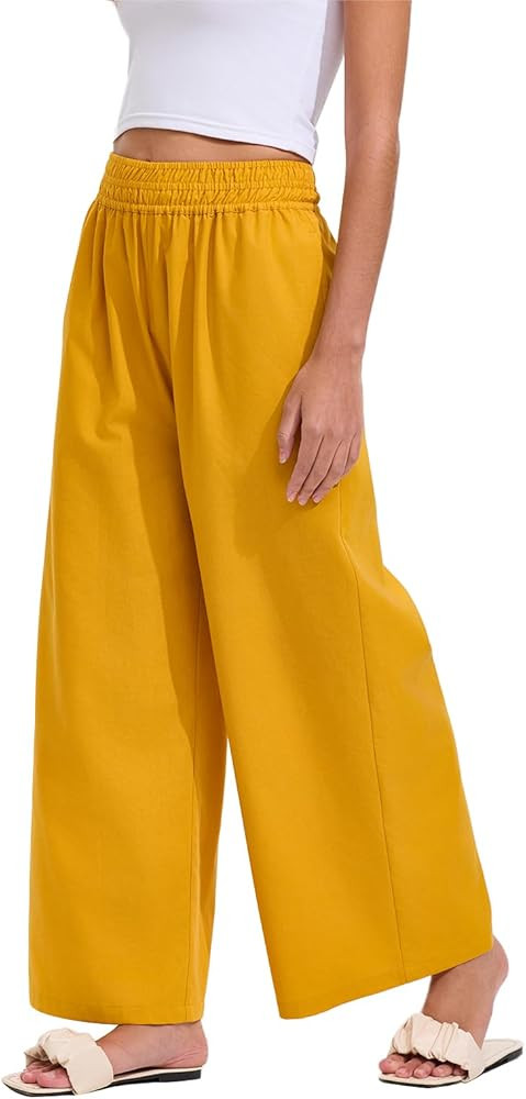 Les umes Women Linen Pants Wide Leg Elastic Waist Palazzo Loose fit Summer Flowy Trousers with Po... | Amazon (CA)