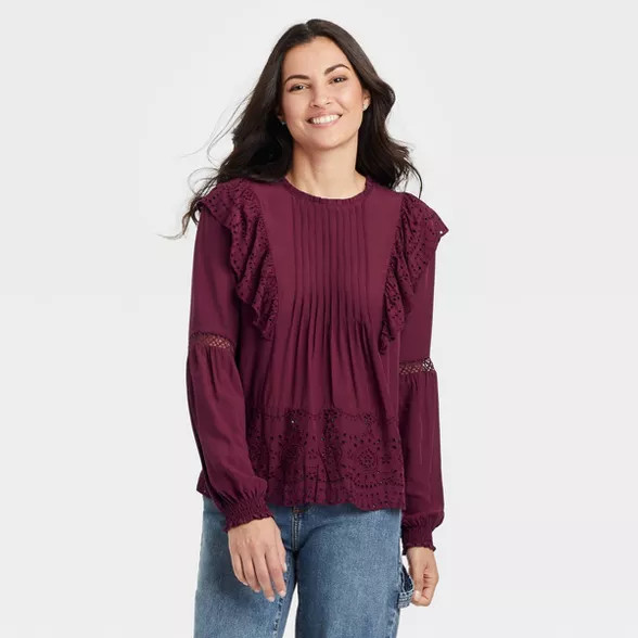 Women's Long Sleeve Eyelet Blouse - Knox Rose™ Maroon XXL | Target