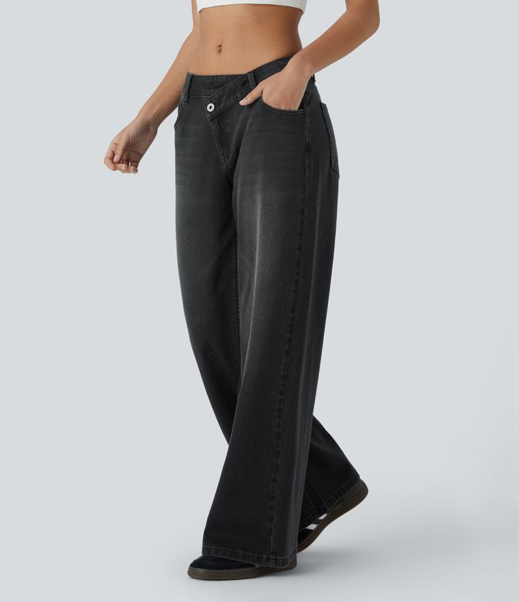 Women’s Halara Flex™ Asymmetric Low Rise Zipper Pockets Baggy Wide Leg Washed Casual Jeans - ... | HALARA
