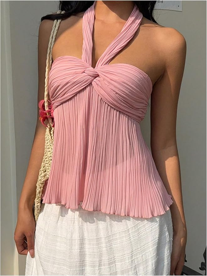Floerns Women's Trendy Going Out Halter Tops Twist Front Halter Tops Sleeveless Pleated Backless ... | Amazon (US)