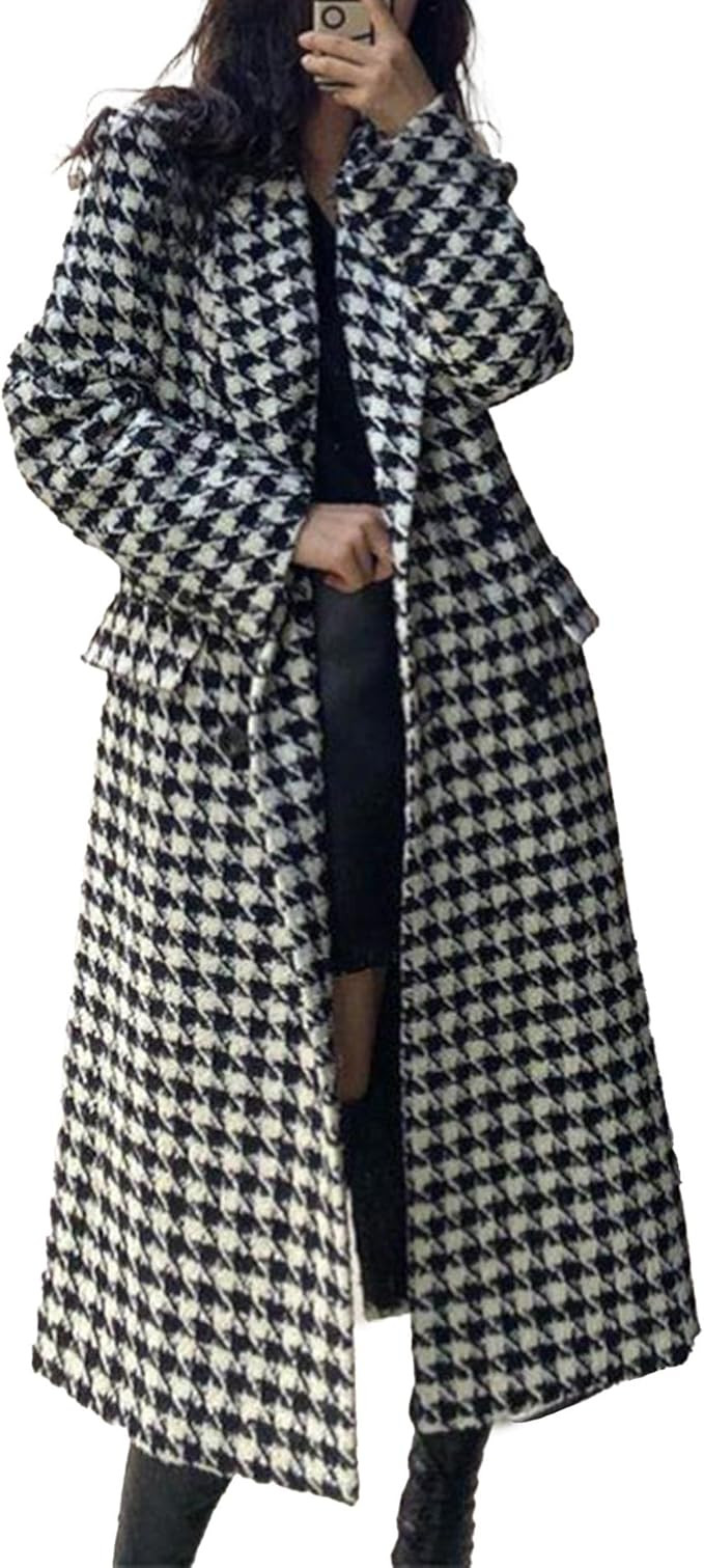 SOMTHRON Women's Houndstooth Trench Coat Notch Lapel Double Breasted Quilted Lined Long Jacket Ov... | Amazon (US)