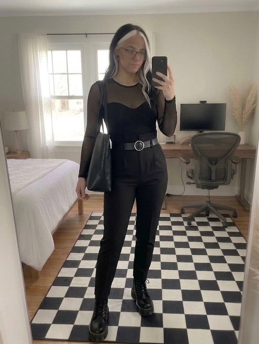 Serving look 🖤 If your corporate aesthetic leans a little bit edgy, this all-black outfit formula is for you. Pairing a sheer mesh long-sleeve top with high-waisted tailored trousers is the easiest way to elevate your everyday capsule wardrobe.

I added a classic O-ring belt to snatch the waist and styled it with chunky platform combat boots to give it that perfect alt-girl twist. This look easily transitions from a casual office day to a night out!

#LTKootd #LTKSeasonal #LTKMidsize