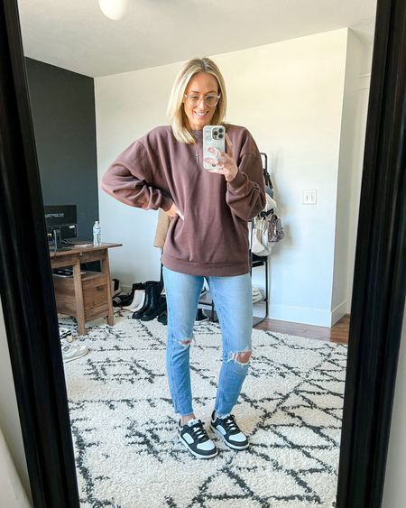 Jeans. Sneakers. Oversized sweatshirt. Casual outfit. Neutral basics. Minimalist style. Comfortable style. Affordable style.

#LTKunder50 #LTKunder100 #LTKstyletip