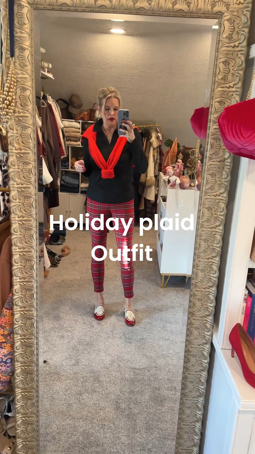 Holiday plaid outfit inspo❤️🎄

Affordable collar v neck sweater long sleeve, so soft and comes in several colors.
I am in a med

Plaid cigarette style pull on pants in plaid by Tommy Hilfiger
Tts in a small, pull on  and comfy
Ankle style (I am tall so a touch short on me)

Red cashmere v neck sweater so soft. 

Patient leather red and white loafer by Cecelia New York  tts 

Gold bow necklace and chain by Allie & Bess save 20% off with code DARCY20



#LTKSaleAlert #LTKHoliday #LTKFindsUnder50