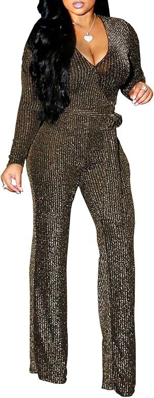Amazon.com: FairBeauty Women's Sexy Sparkly Jumpsuits Clubwear One Piece Deep V Neck Long Sleeve ... | Amazon (US)