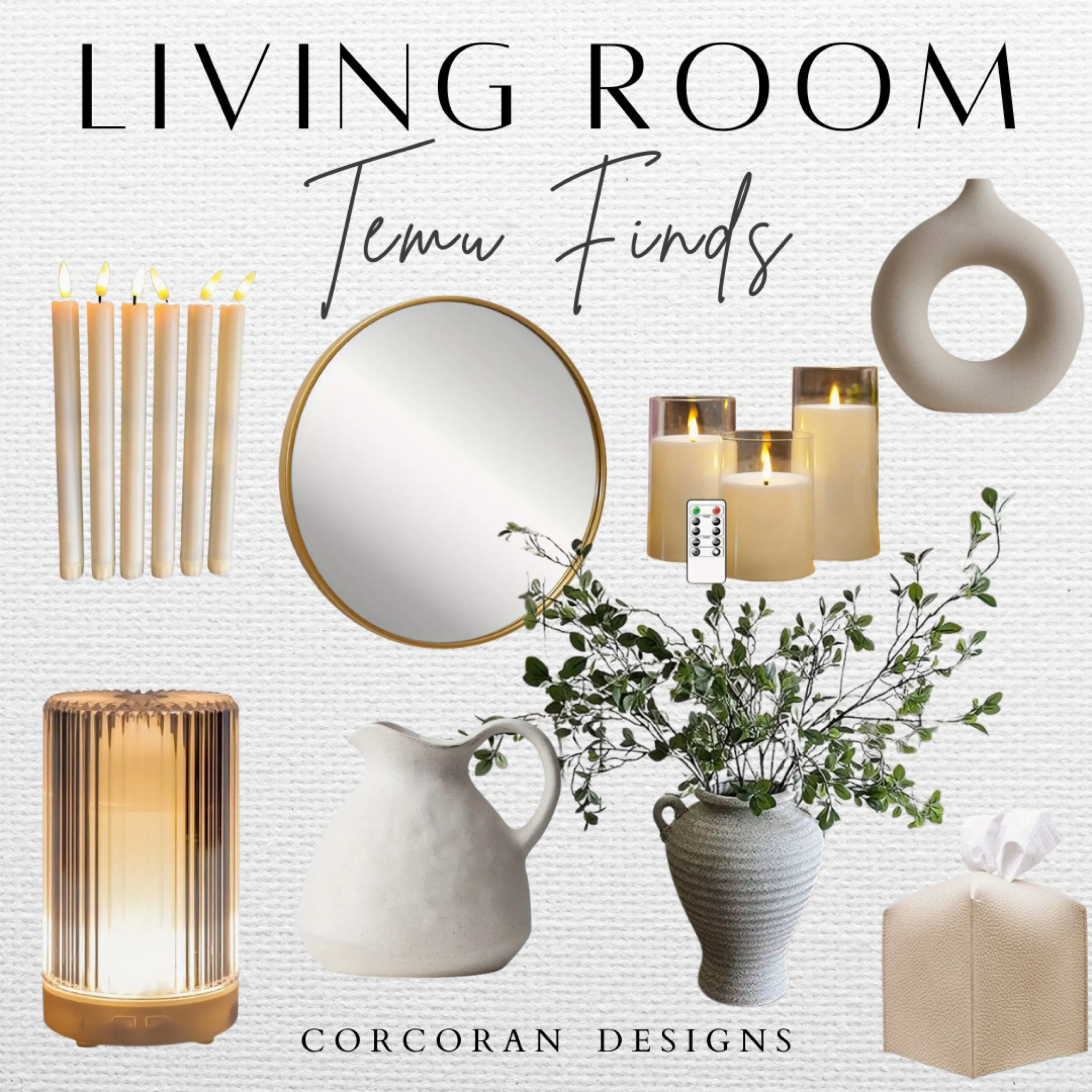 Must have aesthetic, neutral home decor finds! These affordable home finds make any home look  clean & aesthetic! 

Living room decor, living room inspiration, living room styling, Modern home finds, neutral home decor, Temu finds, affordable home, gold round mirror, tissue holder, flameless candle set, flameless candle sticks, faux stems, neutral vases 




#LTKhome #LTKfindsunder50 #LTKsalealert