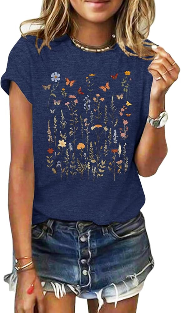 GEMLON Graphic T-Shirts for Women Loose Print Short Sleeve Tops Summer Casual Tees Shirt | Amazon (US)