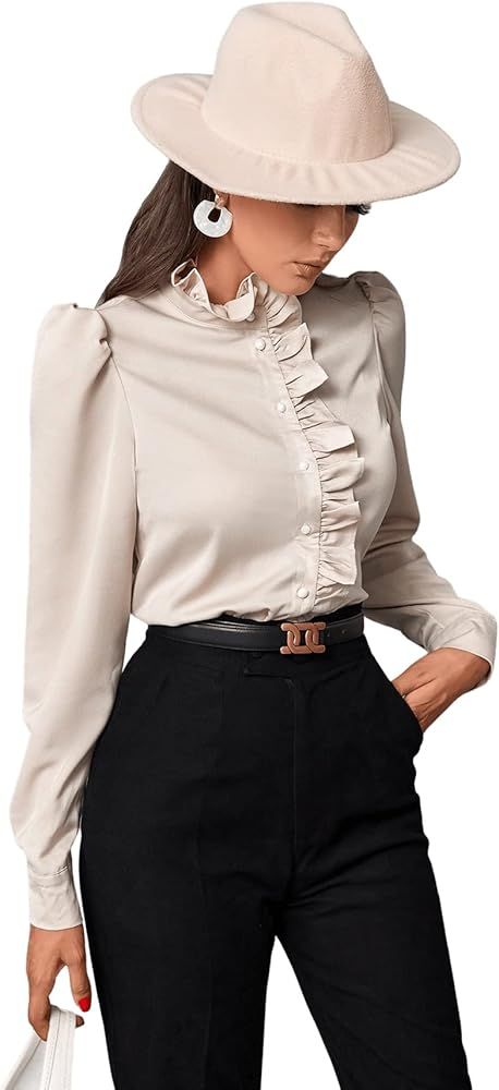 SweatyRocks Women's Elegant Ruffle Trim Long Sleeve Button Front Blouse Tops | Amazon (US)