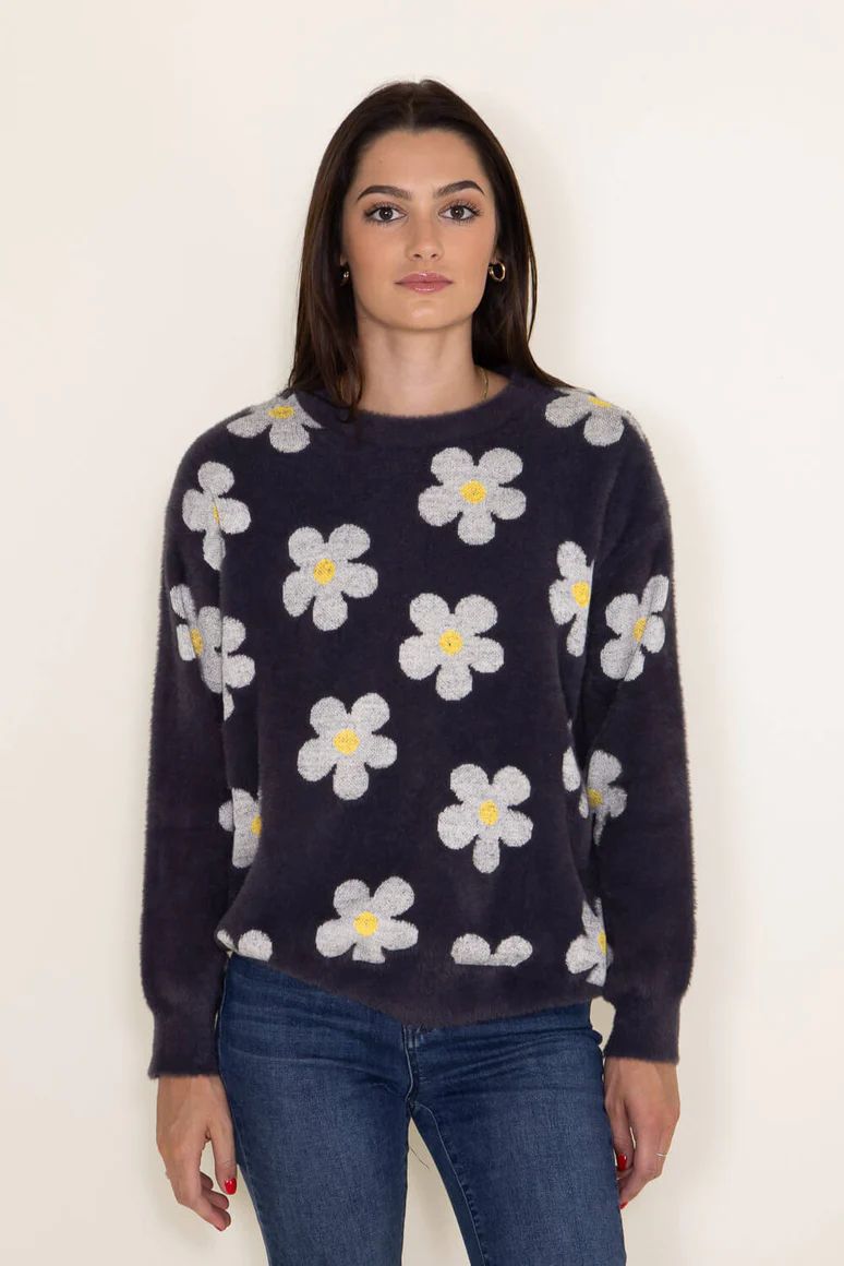 Simply Southern Fuzzy Daisy Print Crewneck Sweater for Women in Grey | Glik's