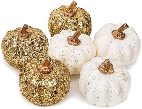 HAKACC Glitter Artificial Pumpkins, 6PCS Glitter Pumpkins for Decorating White and Gold Foam Pump... | Amazon (US)