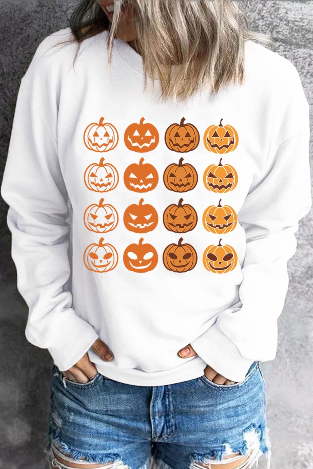 Pumpkin Print Plain Crew Neck Pullover Sweatshirt | Evaless