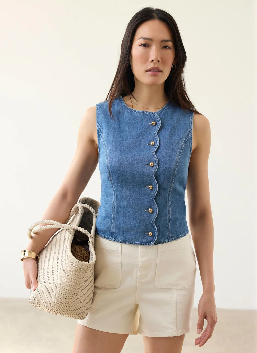 Indigo Denim Scallop Detail Waistcoat | Mint Velvet