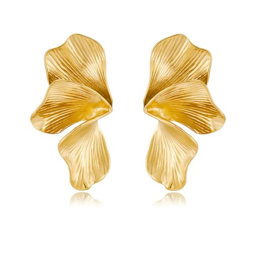 Bold Floral Statement Stud Earrings for Women – Large Gold Plated Leaf Design Earrings Chunky Stud Earrings Hypoallergenic Lightweight Fashion Jewelry Elegant Gift for Her | Amazon (US)