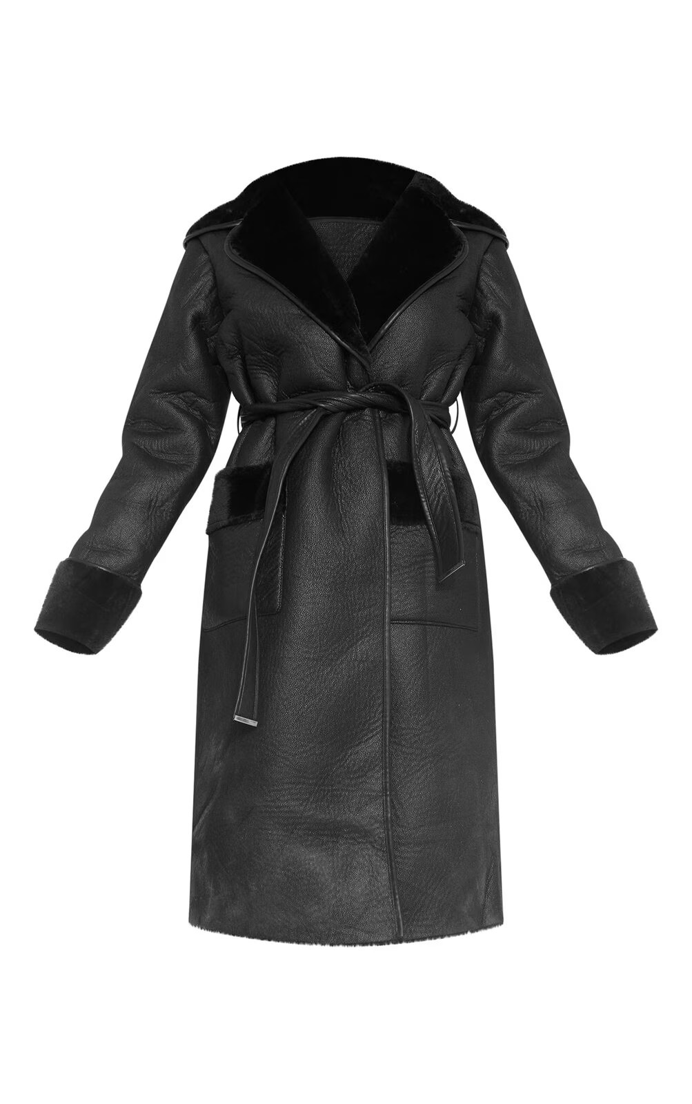 Black Bonded PU Maxi Belted Coat | PrettyLittleThing US