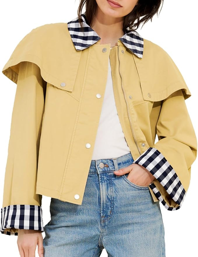 CUFEZN Women's Gingham Cape Jacket, Cotton Plaid Trim Trench Coat Snap Button Cropped Peacoat wit... | Amazon (US)