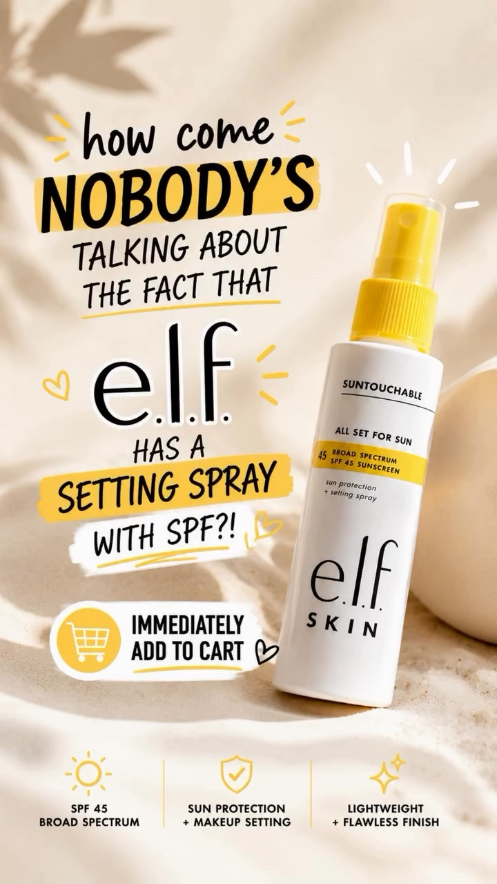 Wait… how is nobody talking about this?! 👀☀️comment LINK if you want to check this out 💚 

e.l.f. has a setting spray with SPF 45. It helps set your makeup and adds broad-spectrum sun protection in one quick mist. Lightweight, easy to reapply throughout the day, and perfect for those days when your makeup is already done.

This one earned a permanent spot in my bag. 💛

#elfcosmetics #elfskin #settingspray #beautyfinds #ad
