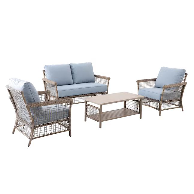 allen + roth Ivy Meadows 4-Piece Wicker Patio Conversation Set with Blue Cushions | Lowe's